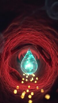 Insulin glucose blood sugar hormone medical artery vessel droplet bloodstream diabetes metabolism closeup of blood vessel tunnel with glowing insulin drop and glucose sugar particles flow hormone