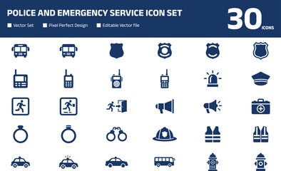 Police and emergency service icon set featuring badge, siren, radio, patrol car, security vector collection isolated on white background © Joy