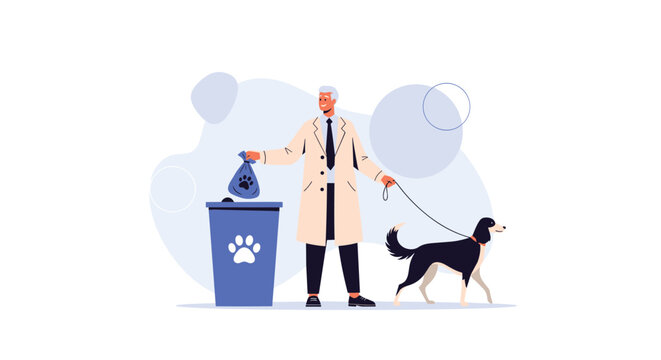 Responsible man picking up his dog waste and throwing a sealed bag into a public disposal bin while walking his pet.