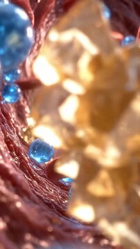 Insulin glucose blood sugar hormone medical bloodstream artery vein diabetes management within vessel showing red blood cell and glucose blue molecule golden crystal plaque cholesterol triglyceride