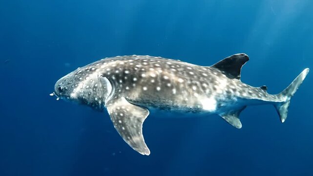 Whale shark swimming through blue ocean waters