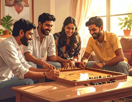 Four happy Indian friends playing carrom board game at home, enjoying leisure time together.
