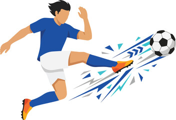 Fototapeta premium Man in blue shirt kicking soccer ball with motion lines