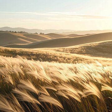 Golden Feather Grass Swaying in Gentle Breeze Across Rolling Hills at Sunset.