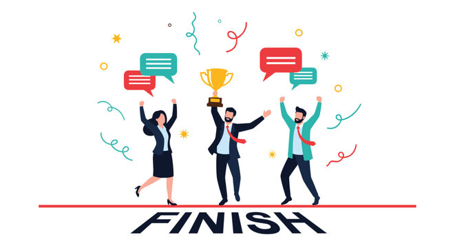 Successful business team celebrates achieving their goals by crossing the finish line with a golden trophy cup.