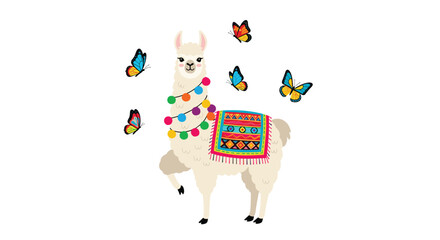 Fototapeta premium Cute white llama decorated with colorful pom-poms and a patterned blanket surrounded by several flying butterflies.