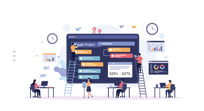 Diverse team of professionals working on a digital dashboard for agile project management using various charts and task boards.