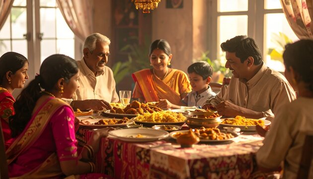 Indian family enjoying a traditional meal together at home.
