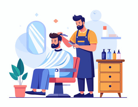 Man getting haircut at barbershop chair.