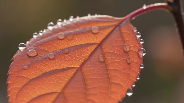 Close up of a wet orange leaf with water droplets in sunlight