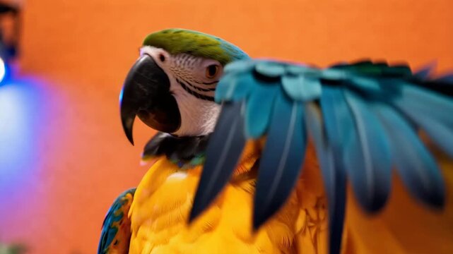 コーラルオレンジ背景で幸せを象徴するコンゴウインコの満ちた表情