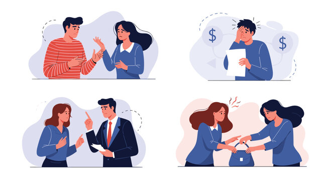 Collection of scenes depicting social conflict relationship problems financial stress and emotional distress among people.