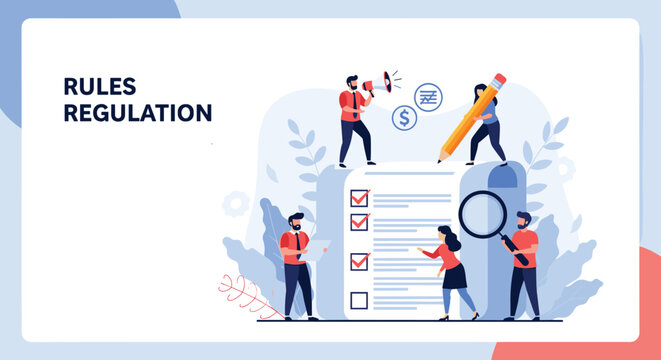 Small business professionals collaborating on a large compliance checklist for corporate rules and regulations vector design.