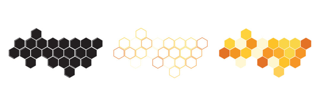 Propolis Honey comb. Yellow and Black Honeycomb structure. Honeycomb icons set. Honeycomb of bee. Honey icons. Honey hive pattern. Beehive texture. Flat logos isolated on white background. EPS 10.