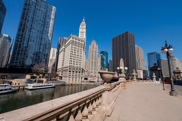 Fototapeta premium Chicago River front buildings at the end of Magnificent Mile, USA