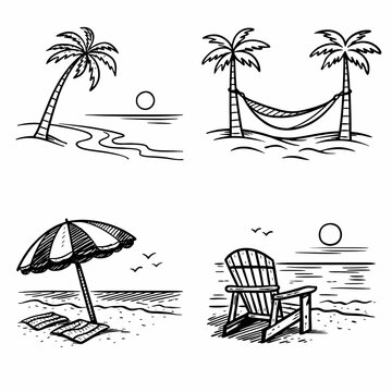 Ilustraciones minimalistas de playa en blanco y negro