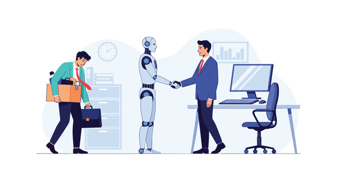 Illustration showing a robot being welcomed by a manager while a human worker leaves the office with his belongings.
