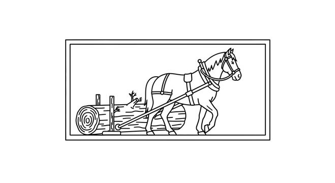 Horse pulling a log with a skid, vintage illustration, historical logging method