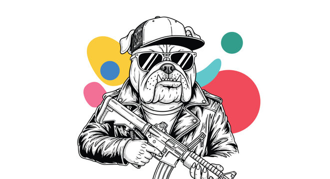 Stylized illustration of a tough bulldog character wearing a leather jacket, cap, and sunglasses while holding a rifle.