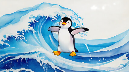 Obraz premium watercolor painting of penguin slinging on water waves.ai 