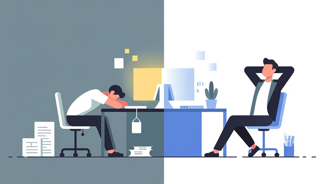 Minimalist flat illustration split-screen contrasting work states of burnout and productivity in a modern SaaS UI design style