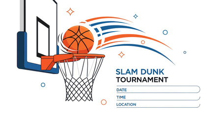 Basketball Slam Dunk Tournament Poster with Ball and Hoop © Jepe
