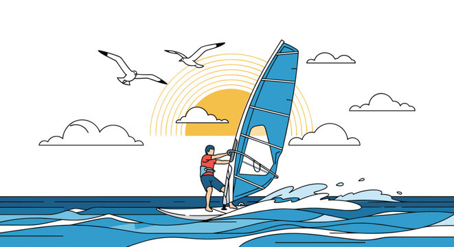 Active windsurfer maneuvers a blue sail across the ocean waves during a sunny afternoon with seagulls flying over the coastal landscape.