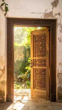 Sunlit open door in an old abandoned building revealing lush green nature outside.