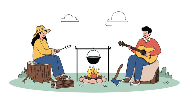 Young couple enjoys a relaxing camping trip in nature while sitting by a campfire roasting marshmallows and playing acoustic guitar.