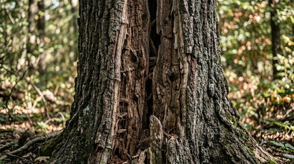 Fototapeta premium Ancient tree trunk with deep crack, weathered bark, forest floor, natural decay