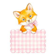 Fototapeta premium Watercolor fox with pink bow holding blank sign