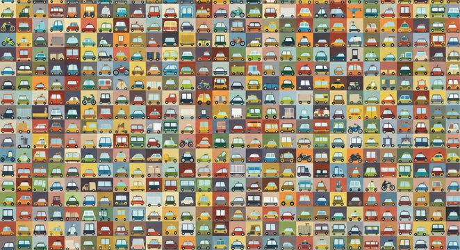 Collection of cartoon cars in various colors and designs.