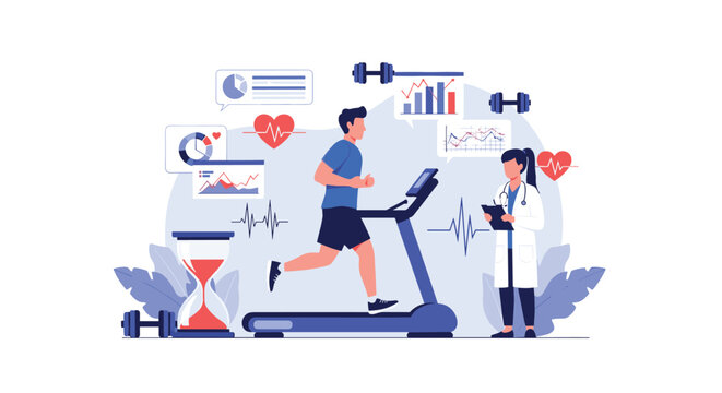 Male athlete running on a treadmill while a female doctor monitors his vital signs, heart rate, and performance data on digital charts.