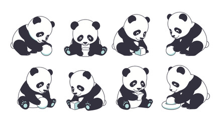 Obraz premium Set of cute cartoon baby panda bears playing with various simple geometric shapes and small objects