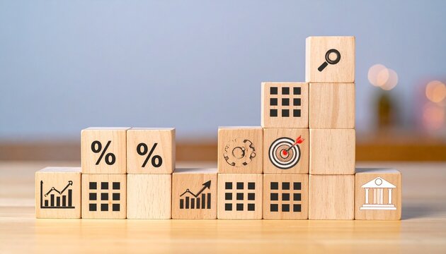 Wooden blocks with business icons symbolizing growth strategy success