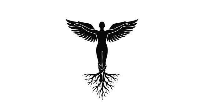 Symbol of human growth and spirituality with angelic wings and roots grounding the figure