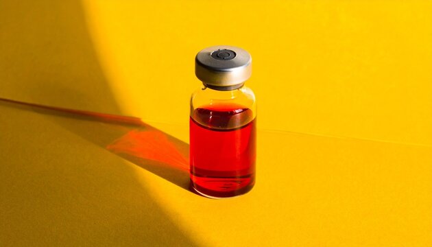 Glass vial with red liquid on yellow background