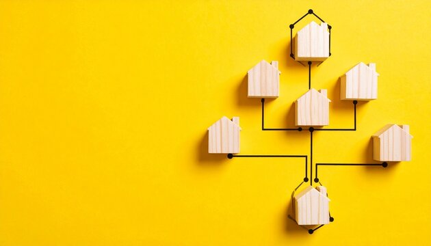 Wooden houses connected in circular network diagram