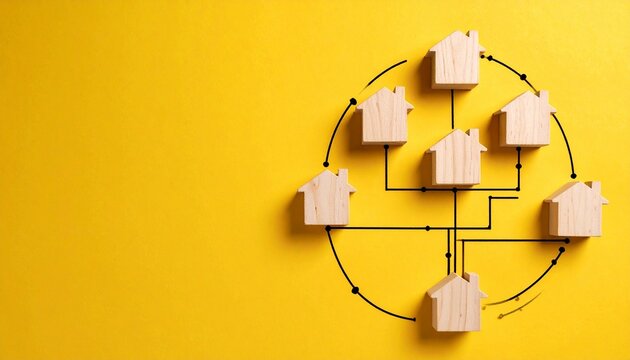 Wooden houses connected in circular network diagram