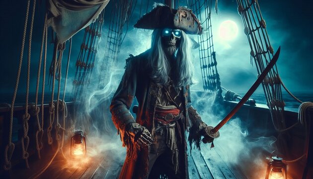 Zombie ghosts, pirates with swords, in the middle of the night on a ship