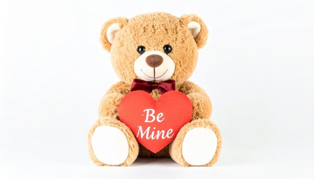 Teddy bear holding red heart with &ldquo;Be Mine&rdquo;