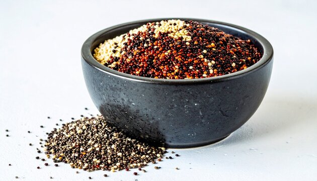 Bowl of mixed quinoa grains with spilled seeds