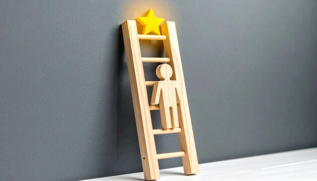 Wooden figure climbing ladder toward glowing yellow star