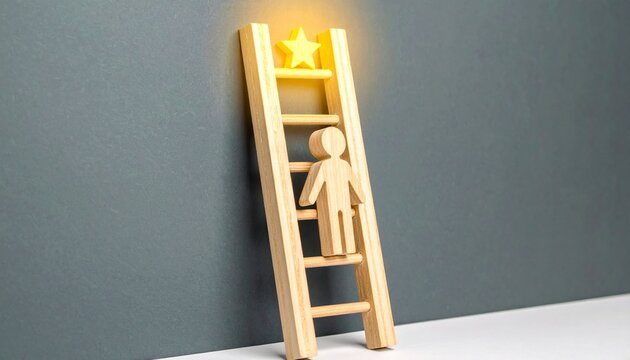 Wooden figure climbing ladder toward glowing yellow star