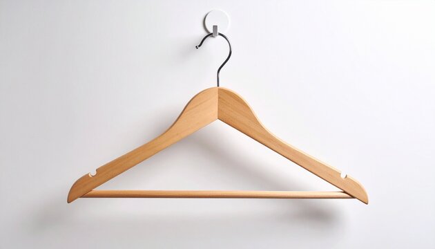 Wooden clothes hanger with metal hook on white background