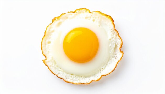 Single fried egg with crisp edges on white background