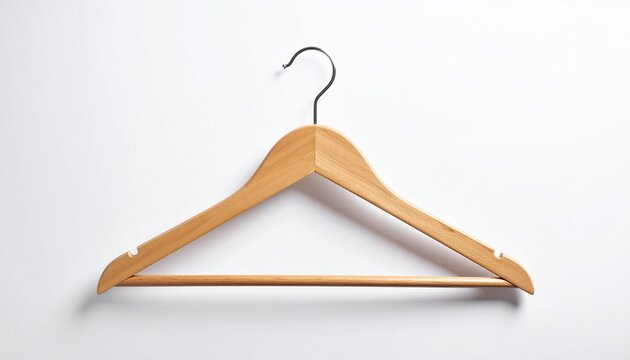 Wooden clothes hanger with metal hook on white background