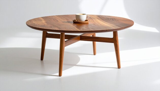 Round wooden coffee table with cup and coaster