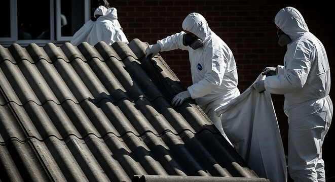 asbestos asbestos removal workers in protective suits carefully handling hazardous materials on an old roof emphasizing health and safety.
