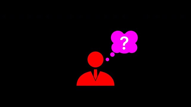 Simple animation of a red silhouette person with a thought bubble containing a question mark and abstract shapes on a black background